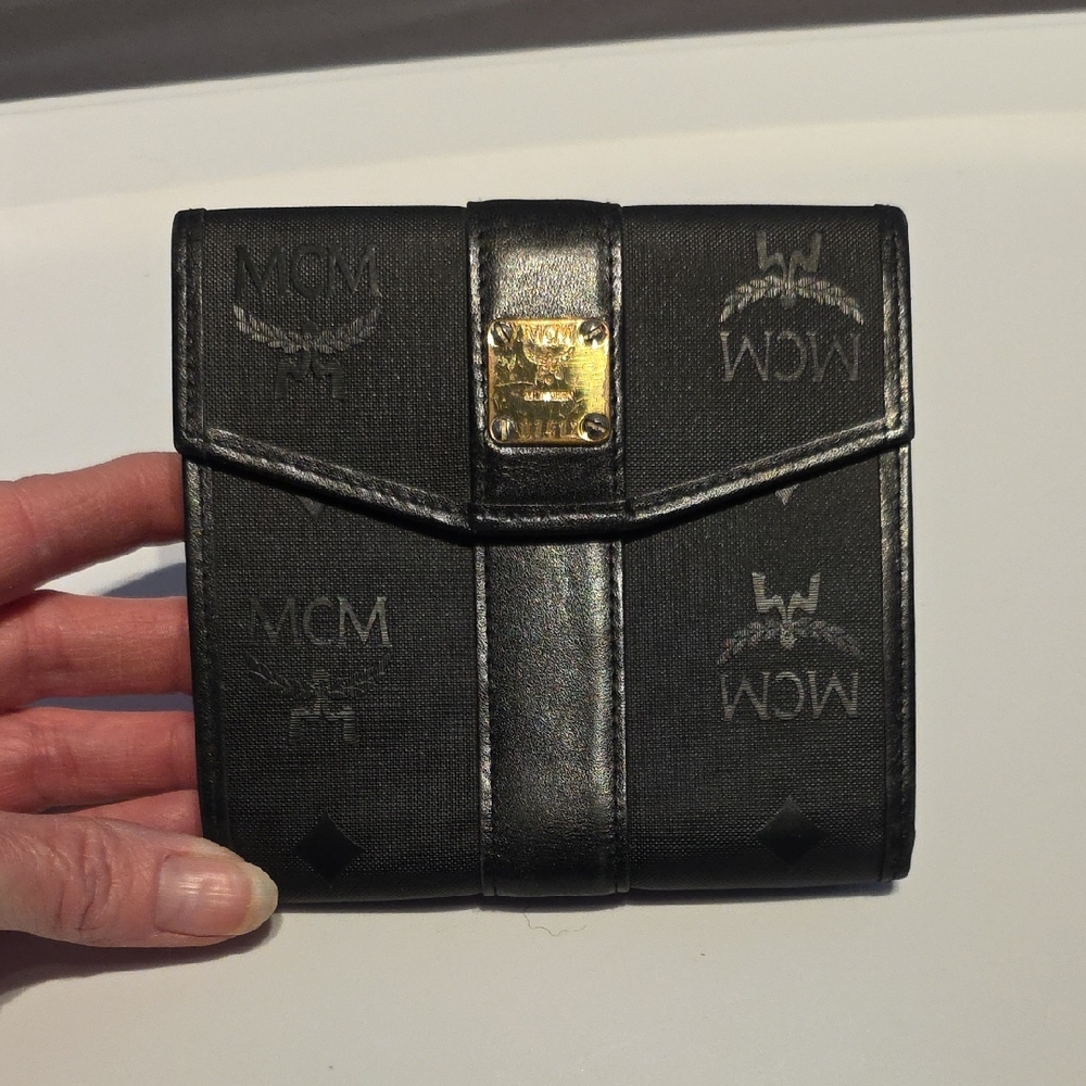 MCM Black Monogram Compact Wallet with Gold Plaque